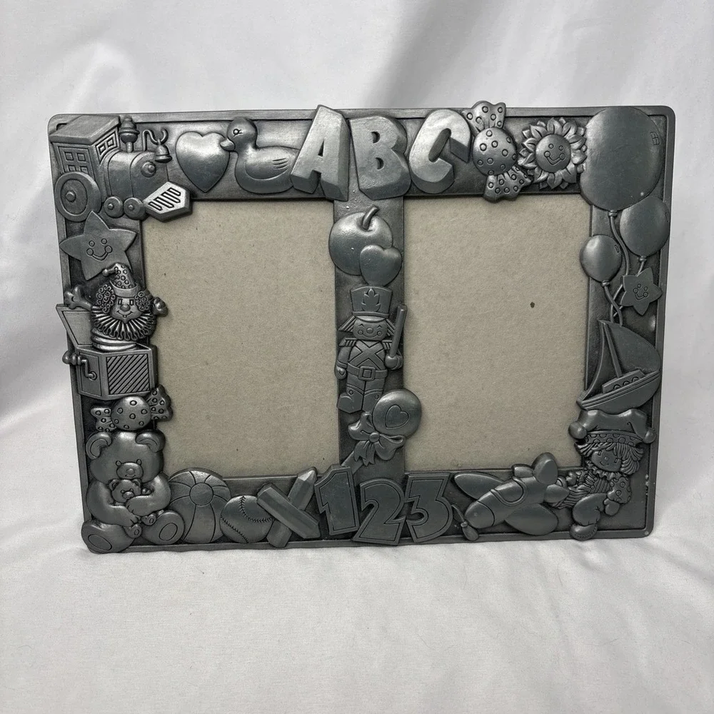 Pewter Metal Tabletop‎ Picture Frame Child Theme ABC 123 Nursery Silver 2 Slots